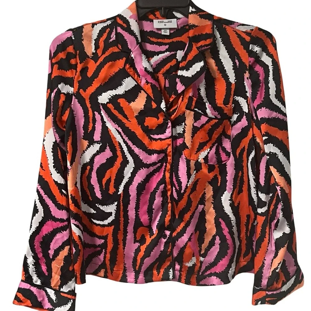 Diane Von Furstenberg X Target Satin Pajama Shirt Multicolored Zebra Print XXS